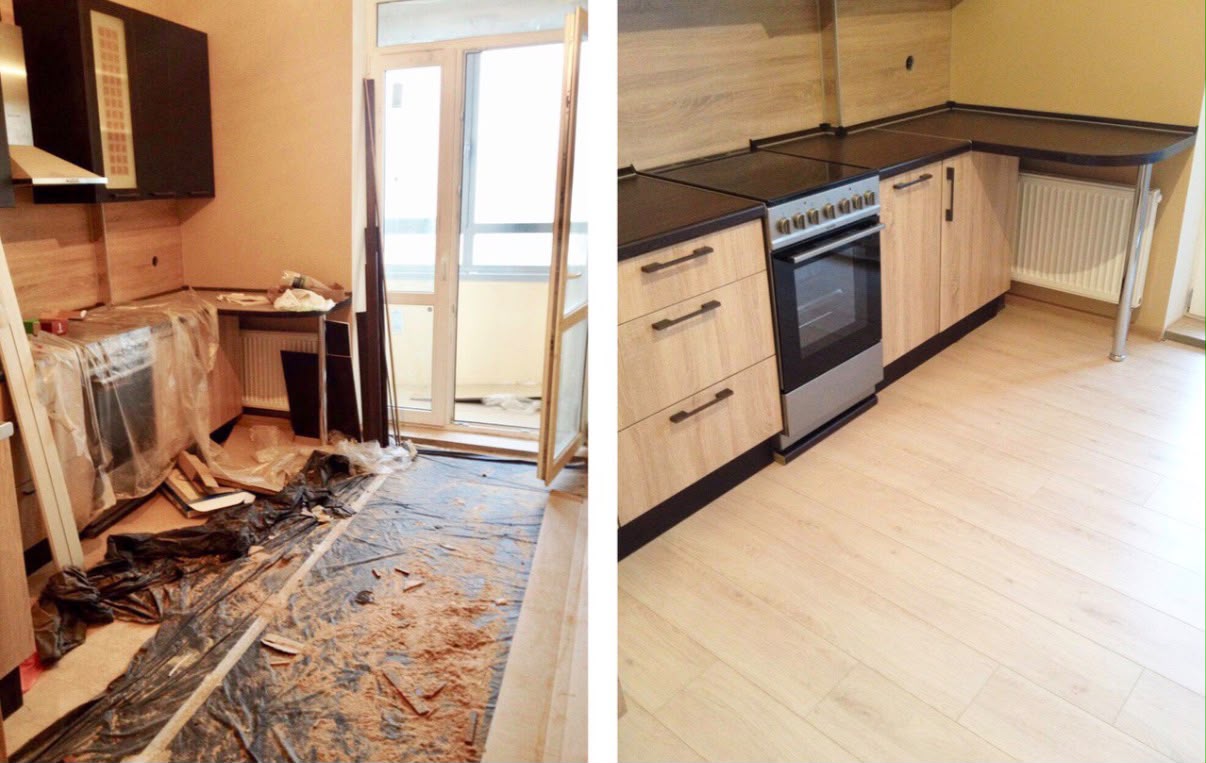 Post-renovation kitchen cleaning, before and after