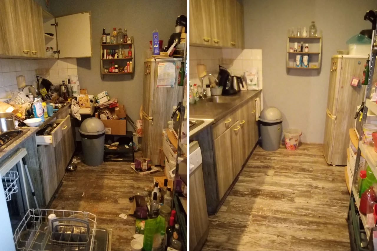 Cluttered kitchen cleaned, before and after