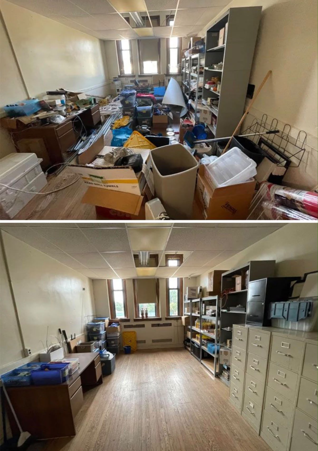 Office storage room clear-out, before and after